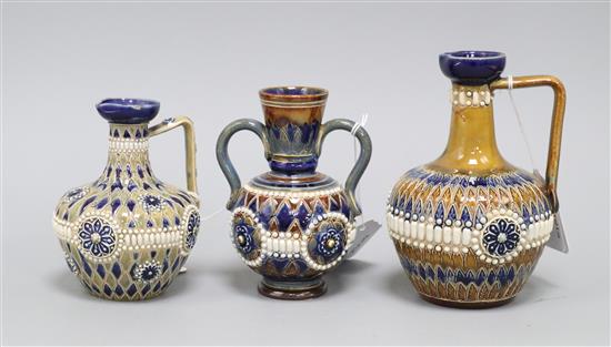 Two Doulton Lambeth incised and jewelled jugs and a similar 2-handled vase, c.1885-1910, 12cm - 15cm (3)